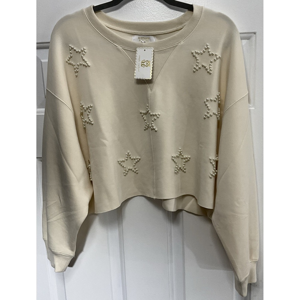 Simply Southern Pearl Embellished Ivory/Cream Cropped Sweater Women's Large